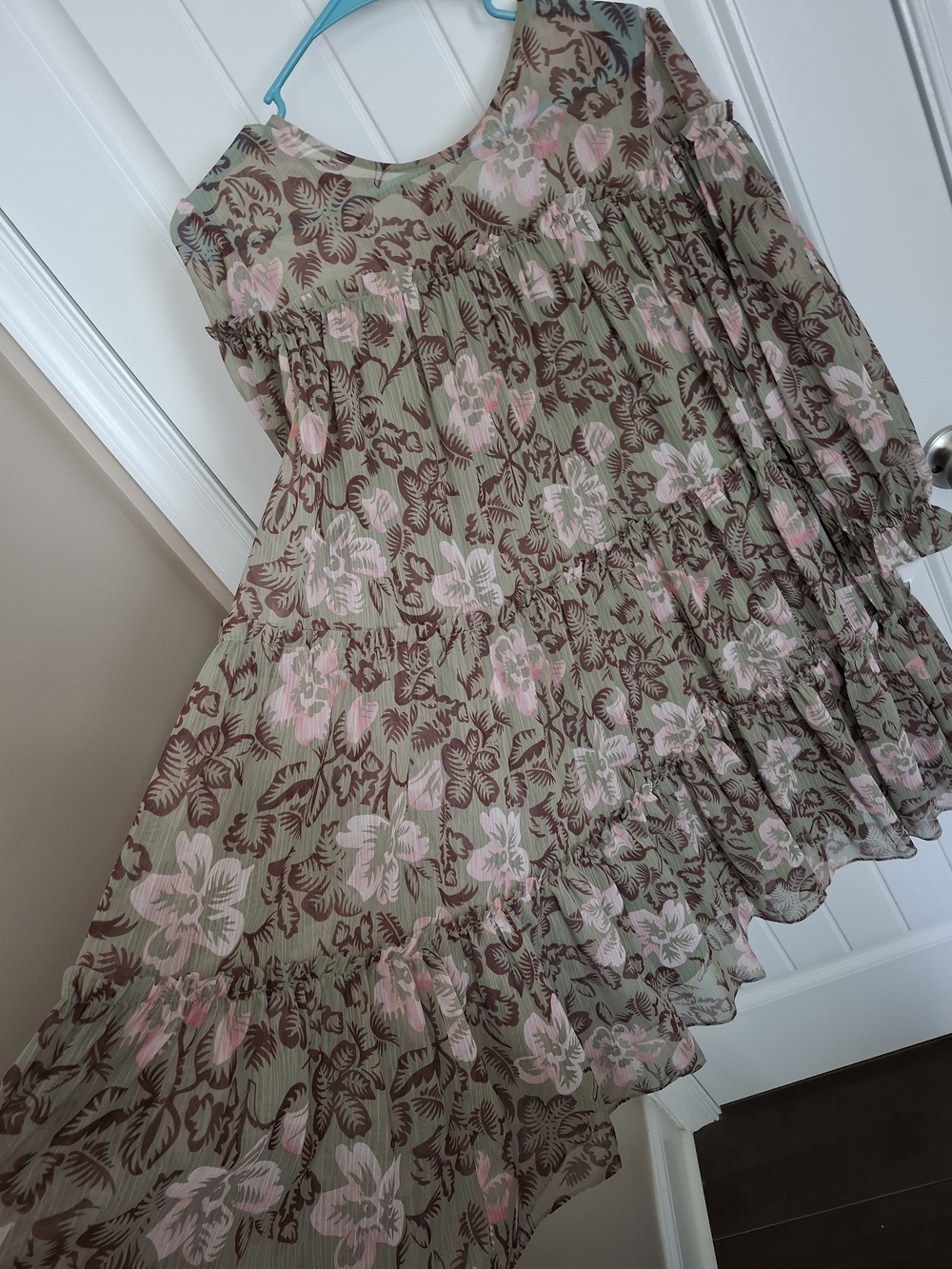Ted Baker Olive and Pink Floral Tiered Mini Dress - Picture 9 of 11